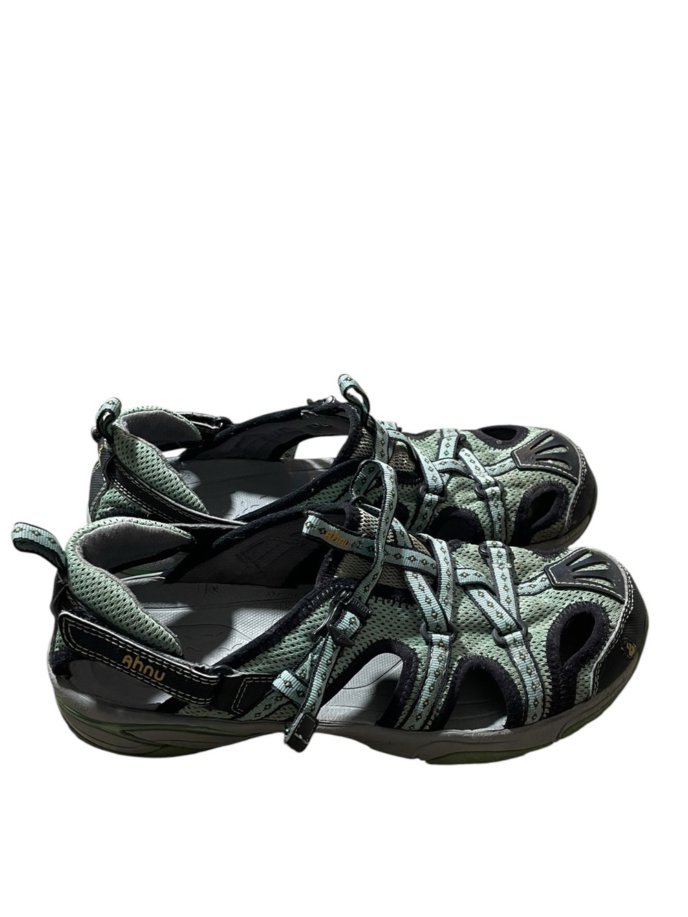 H8- Ahnu Closed-Toe Sport Sandals in Mint Green and Black 10.5
